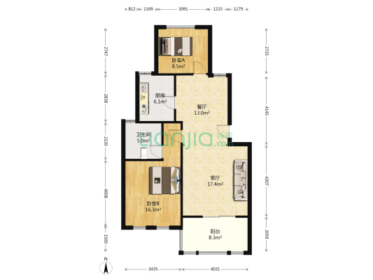 宏嘉山庄 2室2厅1卫 87平方