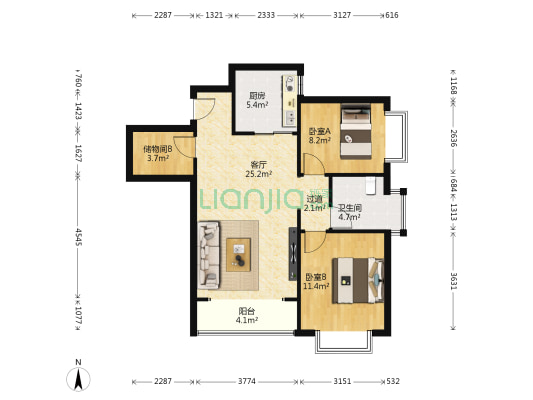 中广宜景湾 2室1厅1卫 91平方