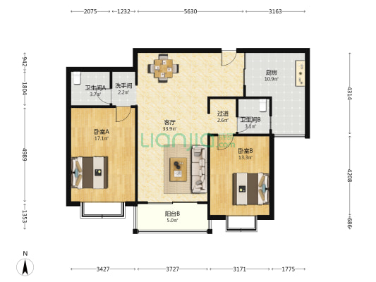 祥瑞公寓 2室1厅3卫 115平方