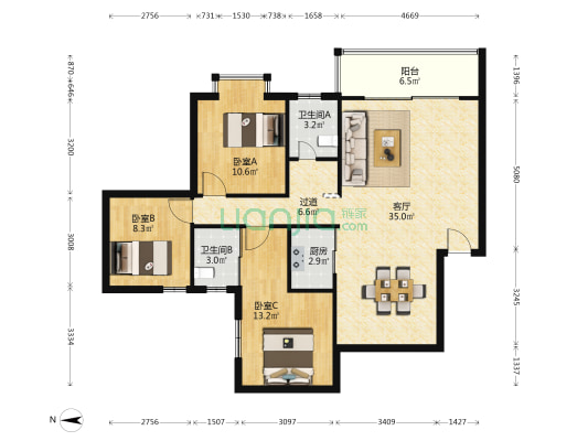 福隆大厦 3室1厅2卫 116平方