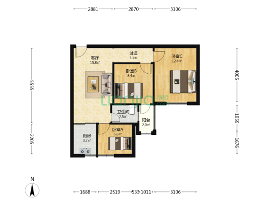 南希公寓 3室1厅1卫 66平方