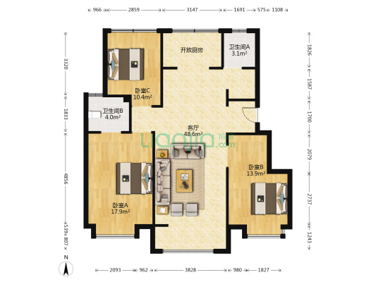 富力又一城合力园 3室1厅2卫 89平方