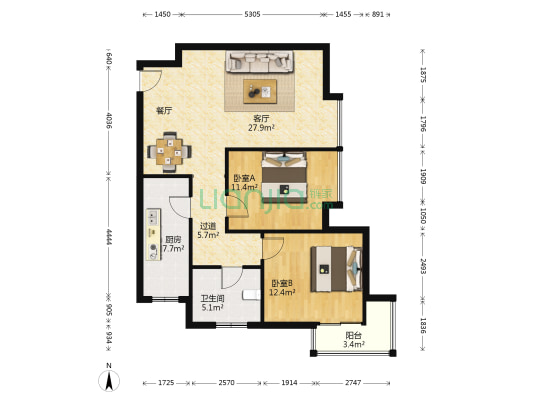祯祥国际 2室1厅1卫 96平方