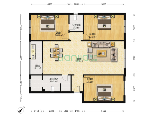 老干休所宿舍楼 3室1厅2卫 21平方