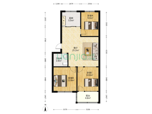 鲁伟家园 3室1厅1卫 91平方