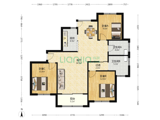 宝华盛世花园 3室1厅2卫 133平方