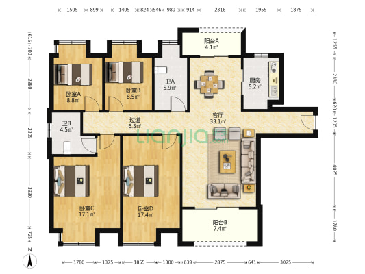 智谷雅苑 4室1厅2卫 146平方