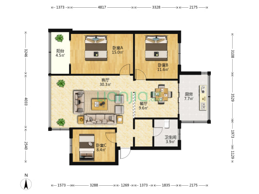 机电小区二期 3室2厅1卫 85平方