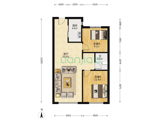 中铁逸湖 2室1厅1卫 86平方