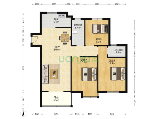 长馨家园 3室1厅2卫 141平方