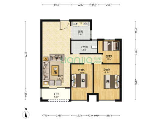 鼎建紫金名门 3室1厅1卫 97平方