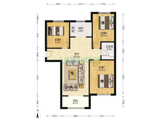 房本满二，南北通透三居，看房方便，交通便利-户型图