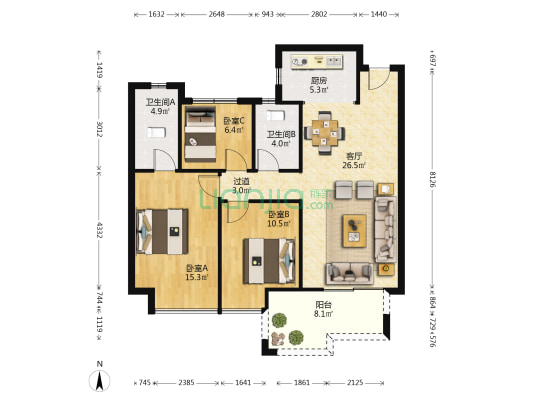 蓝光雍锦半岛 3室1厅2卫 107平方