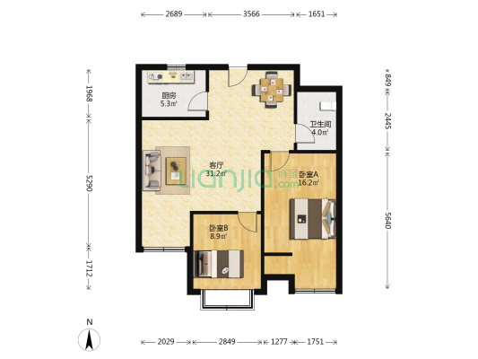 北岛小区二期 2室1厅1卫 91平方