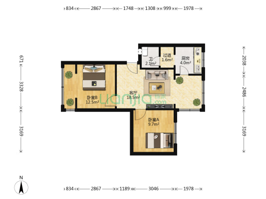 大石南路198号 2室1厅1卫 59平方