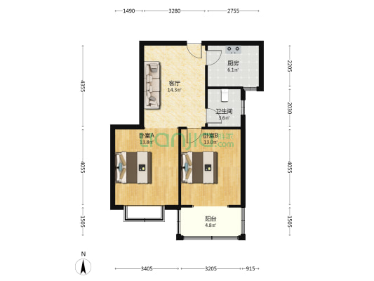 华阳中路翔天万和城全阳两居采光视野好-户型图