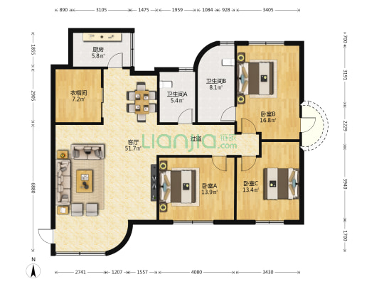 桂成大厦 3室1厅2卫 161平方