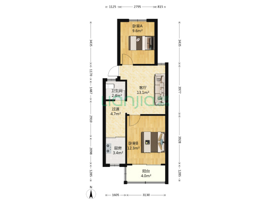 滨江花园东园 2室1厅1卫 66平方