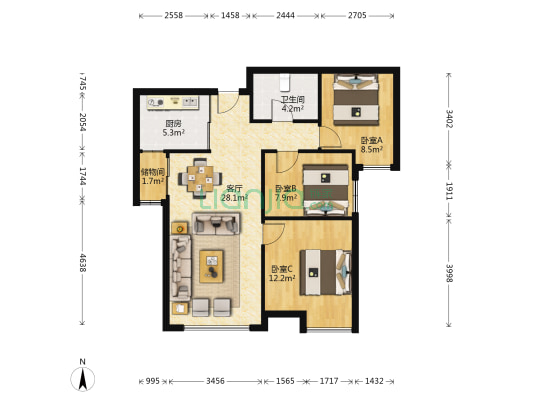 保利领秀山一区 3室1厅1卫 94平方