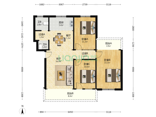 海南港航管理局宿舍 3室2厅2卫 89平方