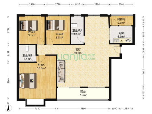 时代凰庭 3室1厅2卫 132平方