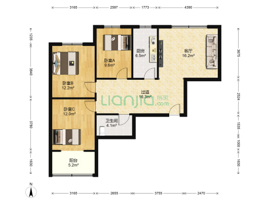 幸福SOHO 3室1厅1卫 118平方