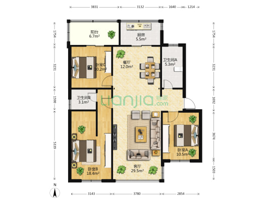 市国税卢家营小区 3室2厅2卫 98平方