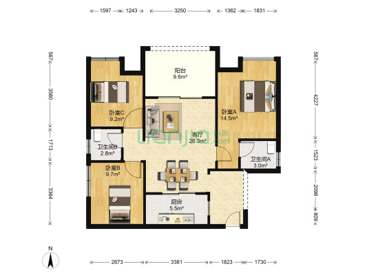 越地香港花园 3室1厅2卫 89平方