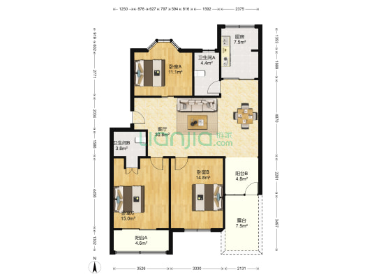 阳光都城中区 3室1厅2卫 114平方