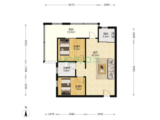 锦联世纪大厦 2室1厅1卫 77平方