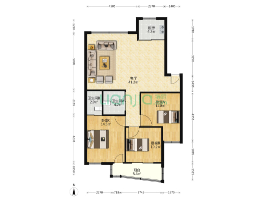 河田商住小区 3室1厅2卫 113平方