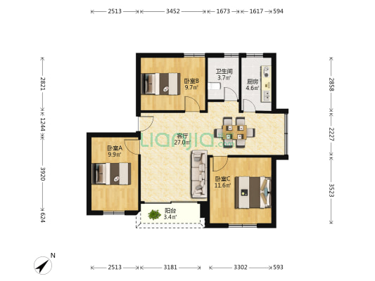 崇雅公寓 3室1厅1卫 85平方