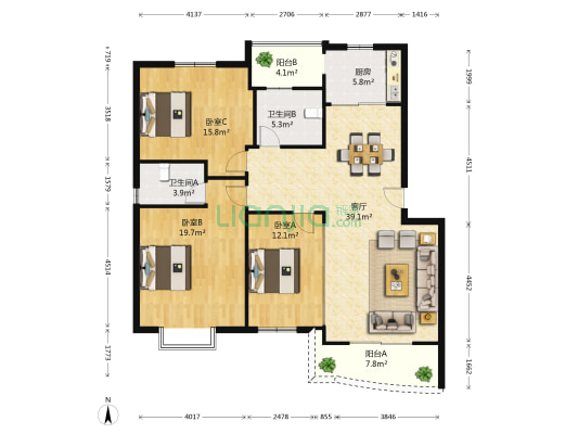 星河居 3室1厅2卫 126平方