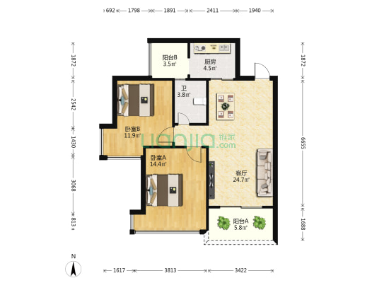 锦地翰城二期B区 2室1厅1卫 80平方