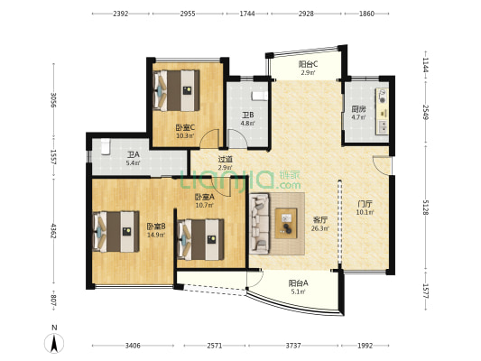 天宝豪庭 3室1厅2卫 118平方