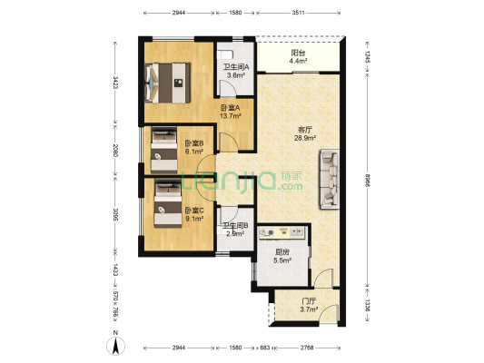 时代水岸二期 3室1厅2卫 94平方