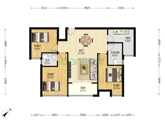 郡悦名城 3室1厅2卫 96平方