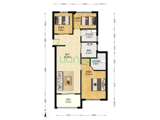 锦溪优樾府 3室1厅2卫 88平方