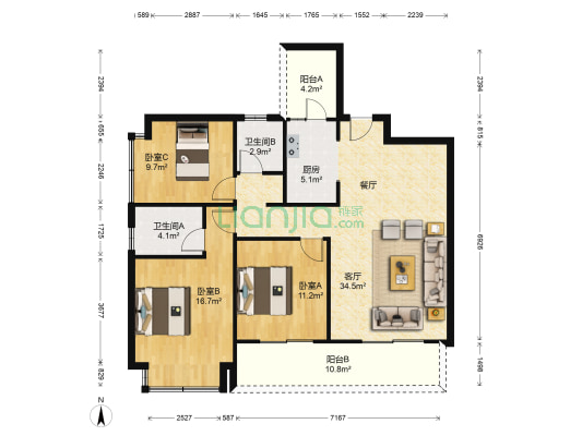 新希望观澜汇 3室1厅2卫 117平方