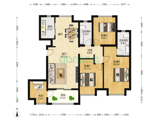 国贸天成二期 4室1厅2卫 128平方