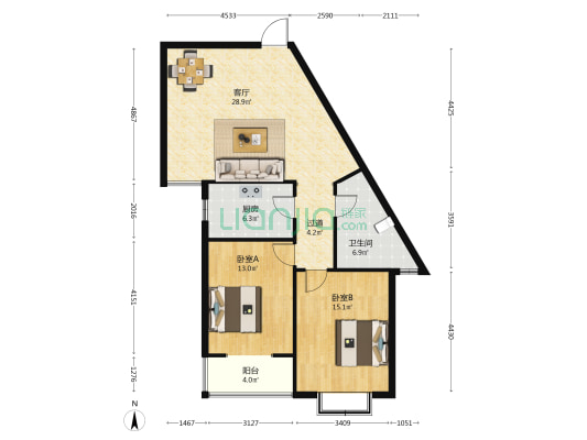 兴昌苑 2室1厅1卫 105平方