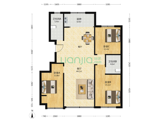 恒信凤凰城市广场 3室1厅2卫 128平方