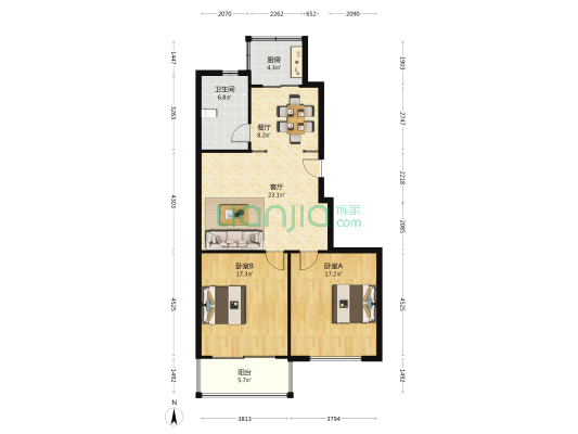 通达银座 2室2厅1卫 107平方