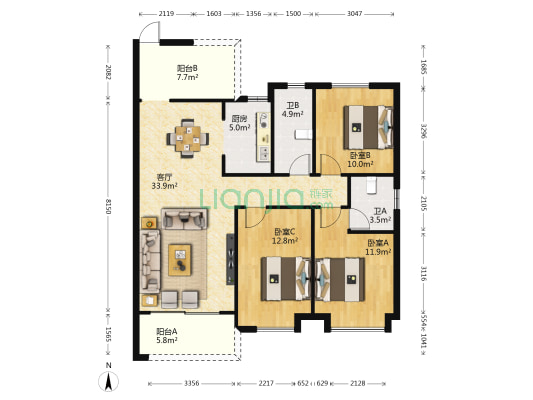 国邦御林湖花园 3室1厅2卫 114平方