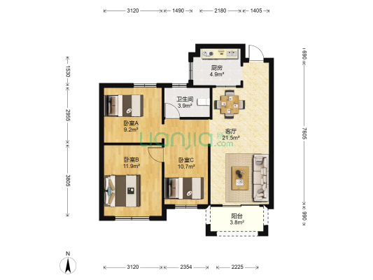 晨枫家园 3室1厅1卫 90平方
