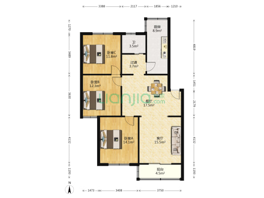 凯旋大院 3室2厅1卫 107平方