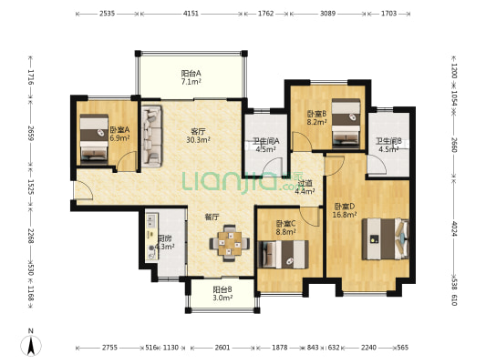 远洋锦上 4室1厅2卫 121平方