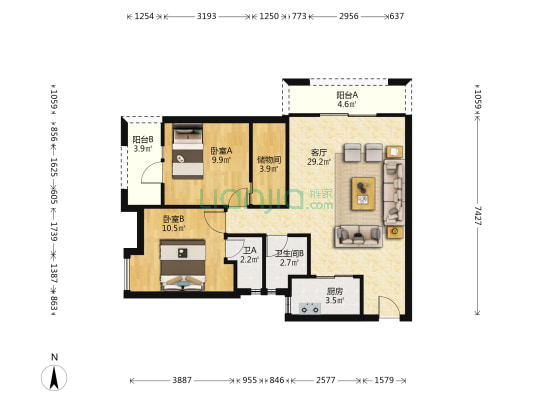 汉桥城中花园C区 2室1厅2卫 92平方