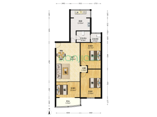 龙腾小区 3室1厅2卫 117平方