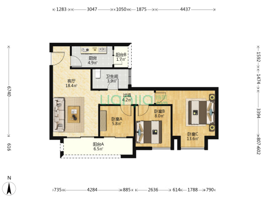 财信九悦府 3室1厅1卫 75平方